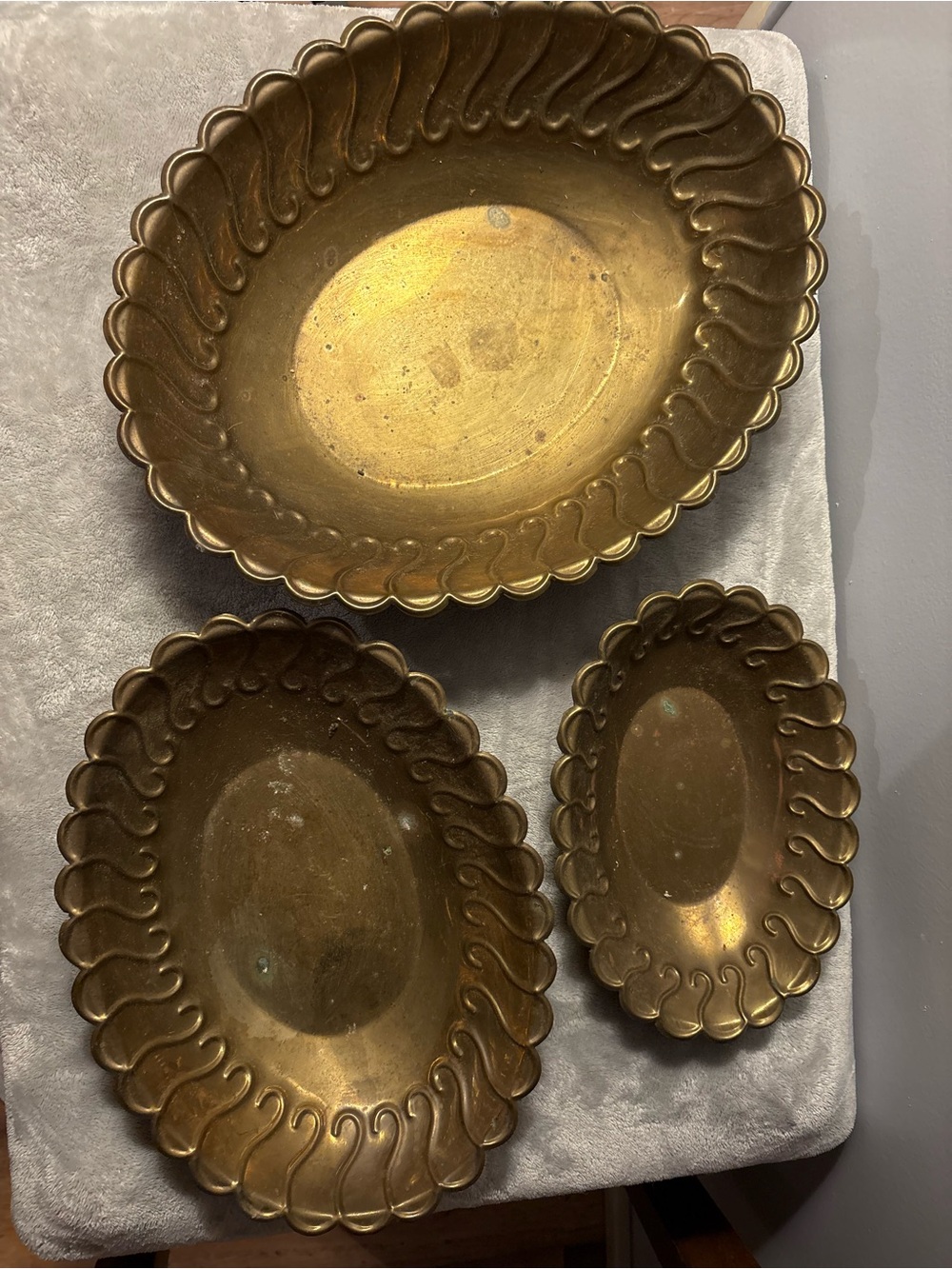 Vintage Brass Oval Bowls with Scalloped Edges India - Set of 3